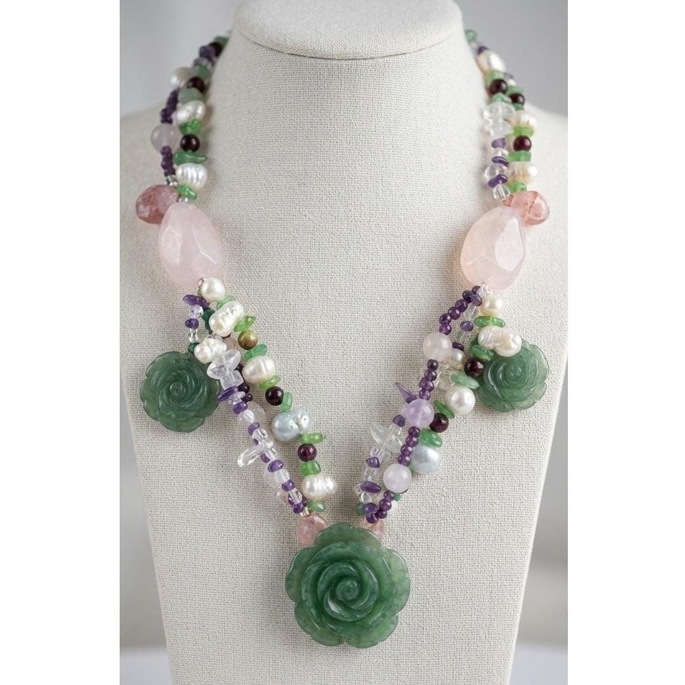 Green Aventurine Carved Rose & Mixed Gemstone Multi-Strand Statement Necklace
